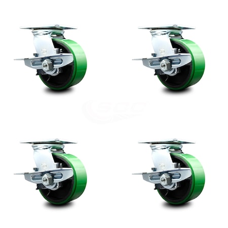 Service Caster 6 Inch Poly on Cast Iron Wheel Heavy Duty Top Plate Caster with Brakes, 4PK SCC-55S625-PUR-GB-SLB-4